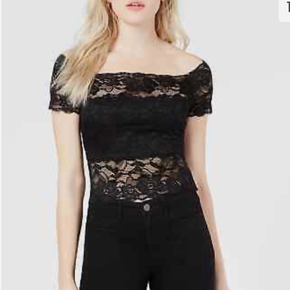 GUESS Lace Off the Shoulder Top, Black, Small